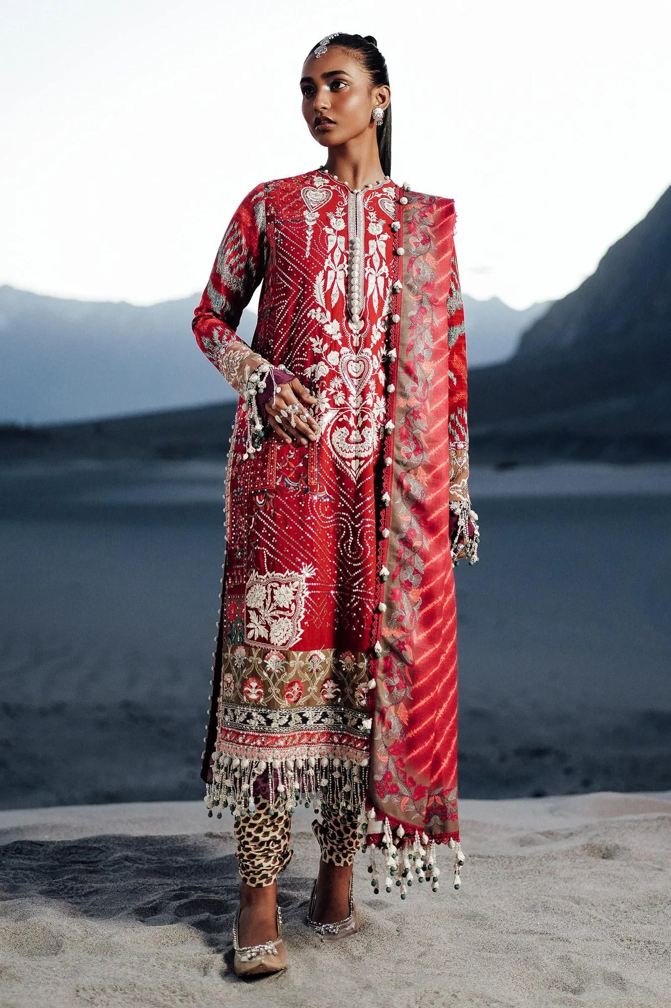 Sana Safinaz Winter Shawl 24 Deep Red Organza – view 1 – Poshaq