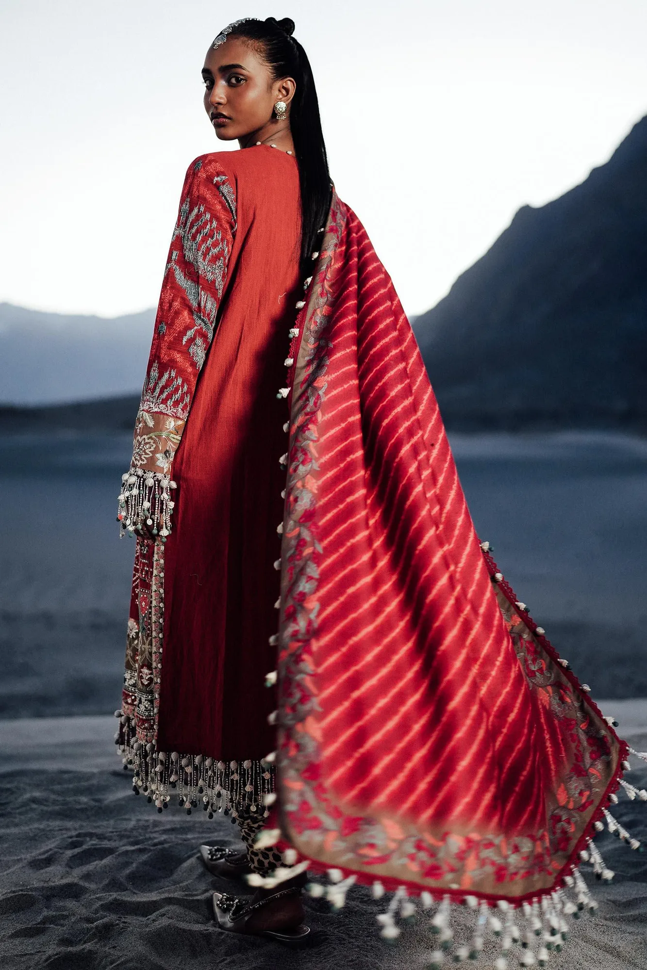 Sana Safinaz Winter Shawl 24 Deep Red Organza – view 2 – Poshaq