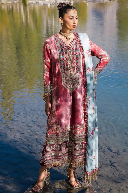 Sana Safinaz Winter Shawl 24 Vibrant Pink Raw Silk – view 1 – Poshaq