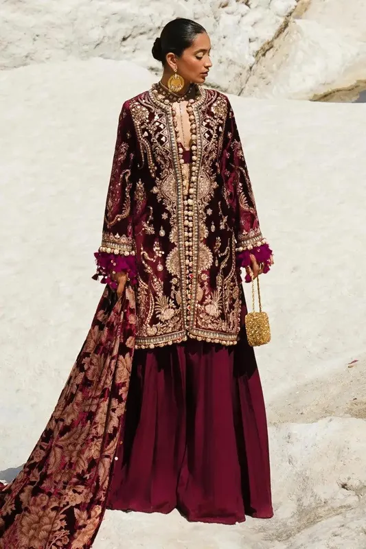 Sana Safinaz Winter Luxury 23 Maroon Raw Silk – view 1 – Poshaq