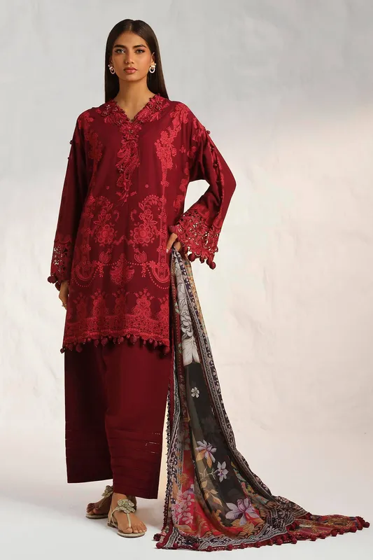 Sana Safinaz Muzlin Summer 24 Maroon Organza – view 1 – Poshaq