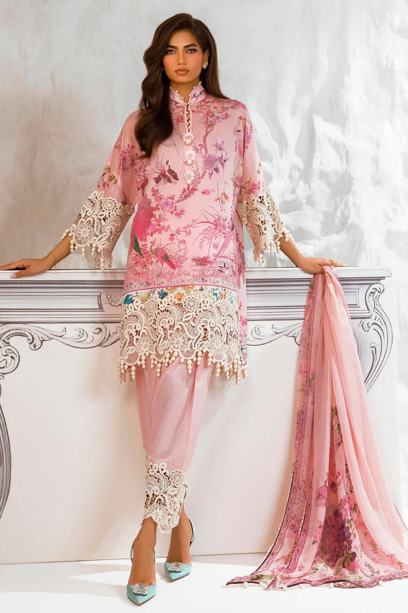 pink chiffon dress with organza detailing – view 1 – Poshaq