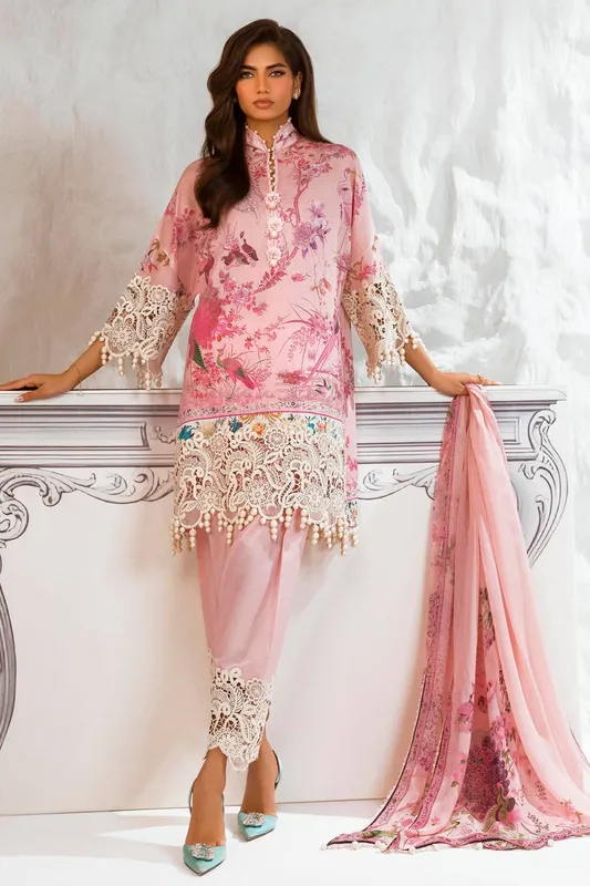 pink chiffon dress with organza detailing – view 1 – Poshaq