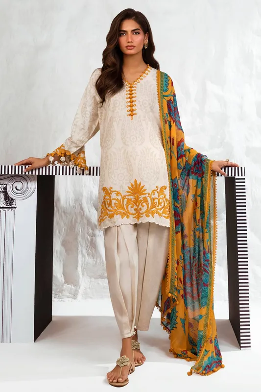 Off white luxury suit with organza, chiffon and lawn detailing – view 1 – Poshaq