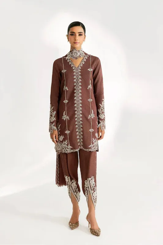 Saira Rizwan Silk Pret 25 Dull Brown Raw Silk – view 1 – Poshaq