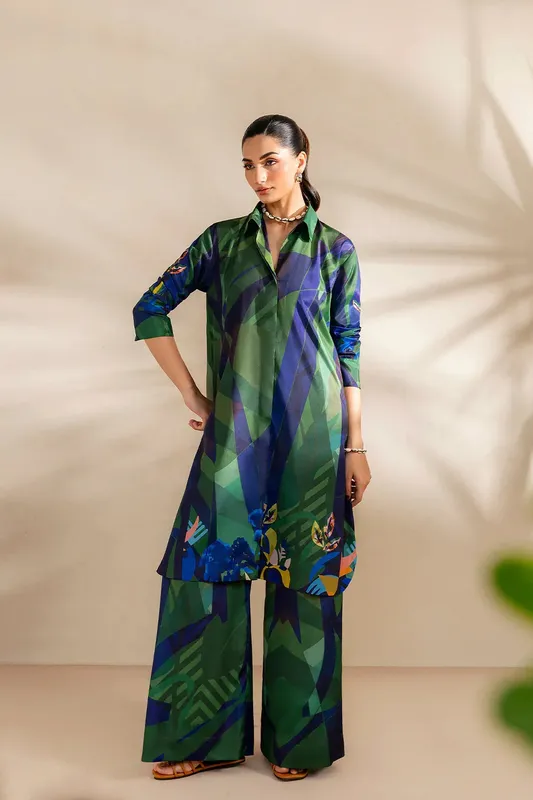 Saira Rizwan Silk Coords 25 Bottle Green Silk – view 1 – Poshaq