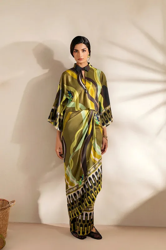 Saira Rizwan Silk Coords 25 Mehndi Silk – view 1 – Poshaq