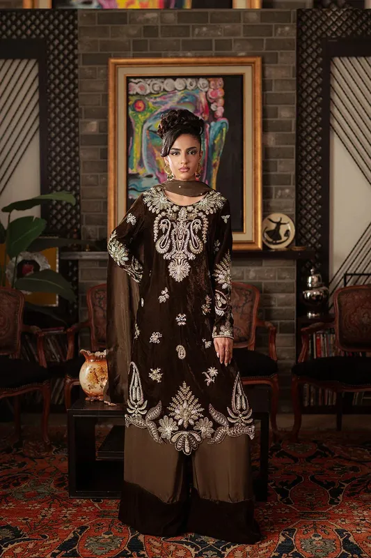 Saira Rizwan Velvet Pret 25 Rich Brown Velvet – view 1 – Poshaq