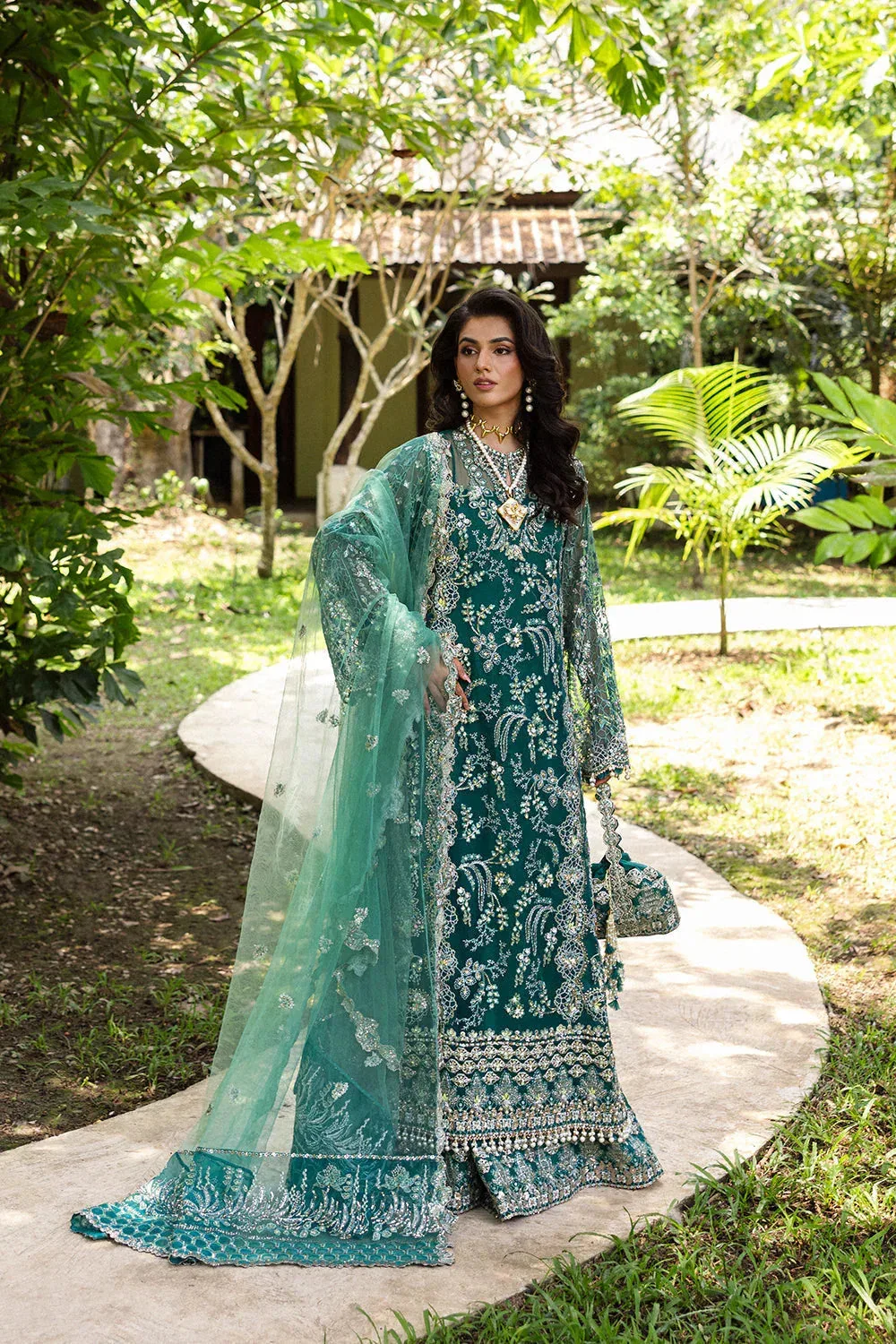 Saira Rizwan Wedding 2025 Emerald Green Raw Silk – view 1 – Poshaq