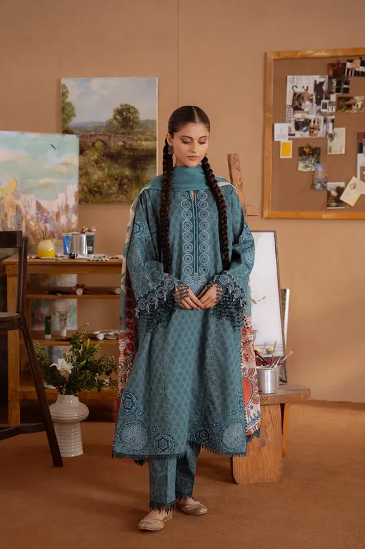 Saira Rizwan Laanem Summer Lawn 25 Teal Blue Cambric – view 1 – Poshaq