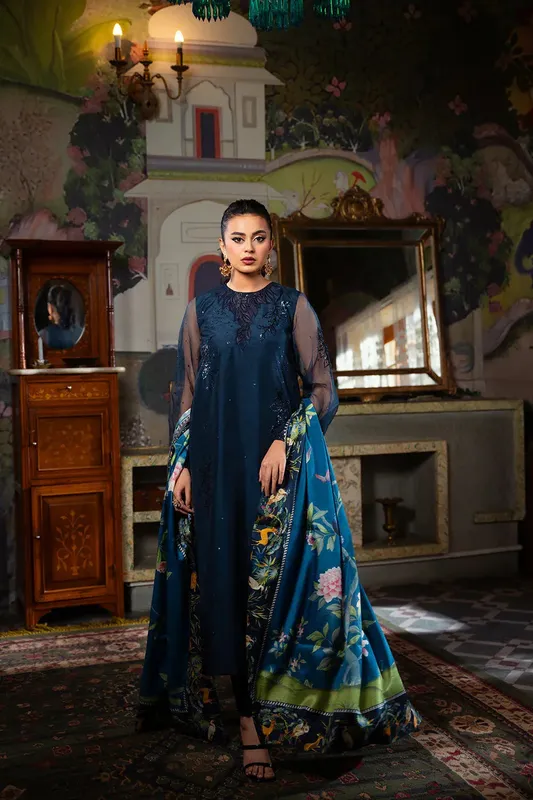 Saira Rizwan Dahini Silk Pret Navy Blue Raw Silk – view 1 – Poshaq