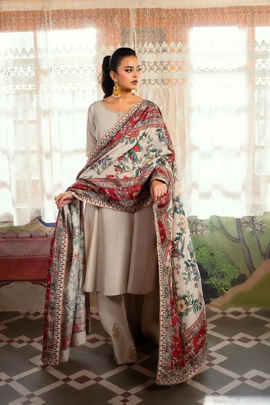 Saira Rizwan Dahini Silk Pret Light Gray Raw Silk – view 1 – Poshaq