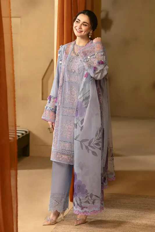 Saira Rizwan Luxury Lawn 25 Light Blue Gray Organza – view 1 – Poshaq