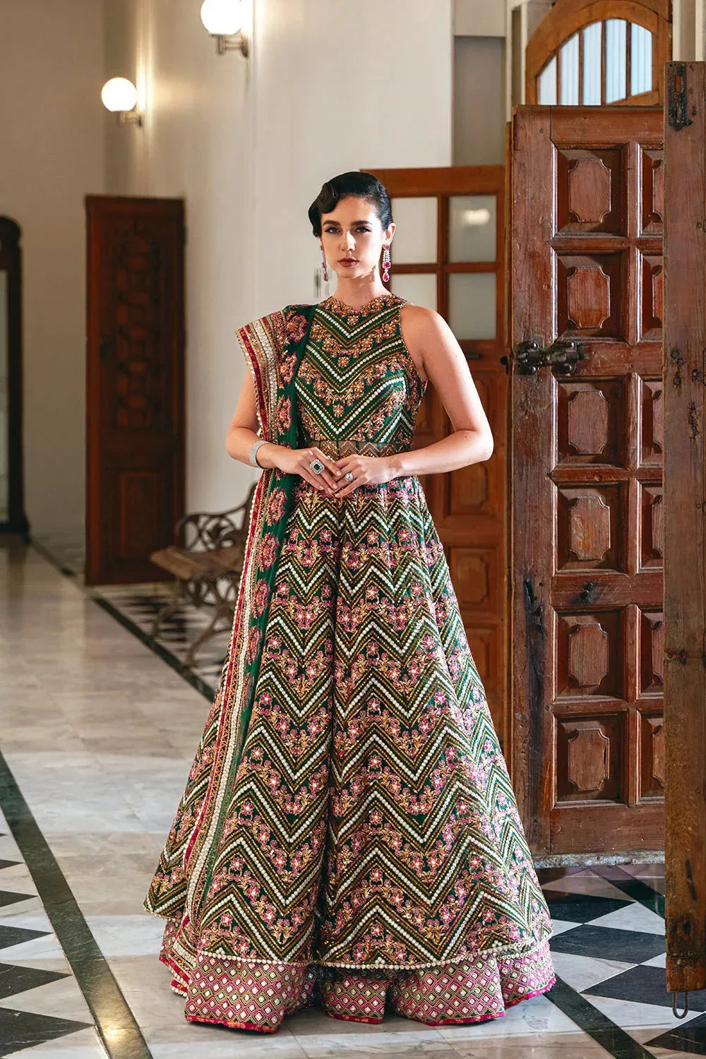 Saira Rizwan Naqsh Festive Bottle Green Raw Silk – view 1 – Poshaq