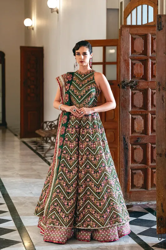 Saira Rizwan Naqsh Festive Bottle Green Raw Silk – view 1 – Poshaq