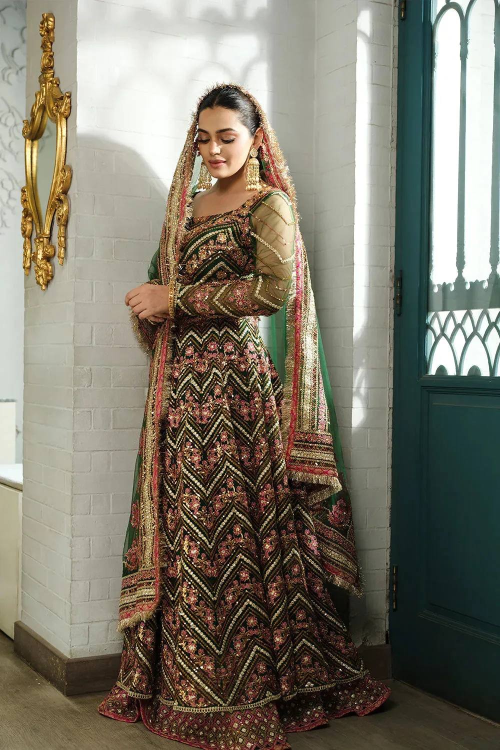Saira Rizwan Naqsh Festive Bottle Green Raw Silk – view 2 – Poshaq