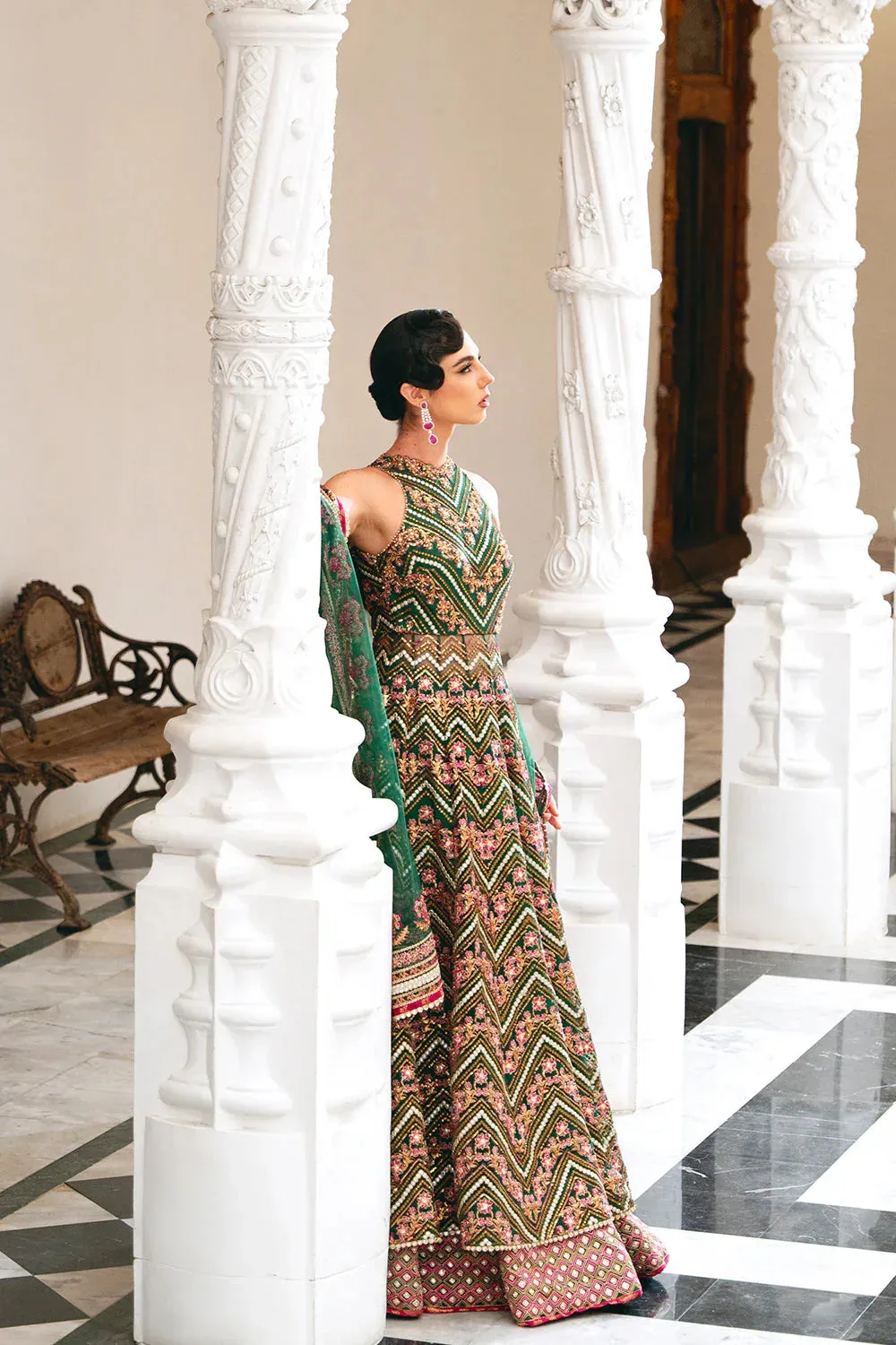 Saira Rizwan Naqsh Festive Bottle Green Raw Silk – view 3 – Poshaq