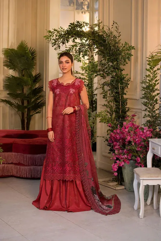 Red chiffon and lawn long shirt with matching sharara – view 1 – Poshaq