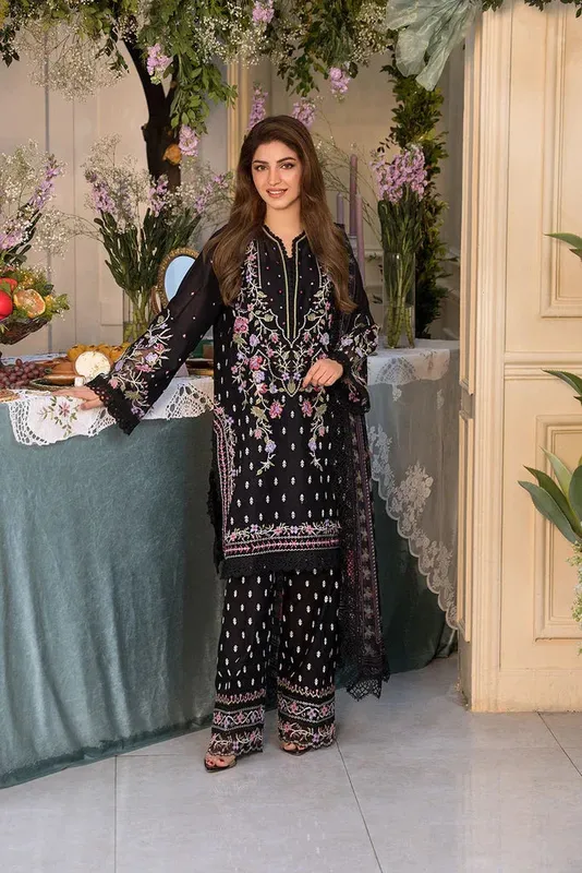 Black chiffon and lawn shirt with trouser, embroidered details – view 1 – Poshaq