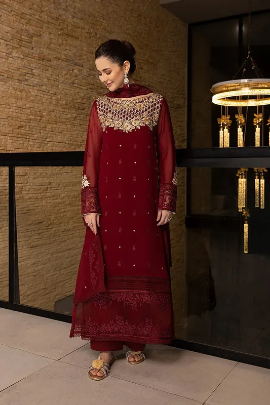 Azure Embroidered Chiffon Collection Maroon Raw Silk – view 1 – Poshaq
