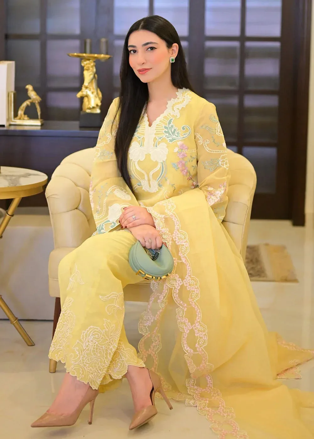 Saira Shakira Rosea Casual Pret 25 Maize Yellow Cotton Silk – view 3 – Poshaq