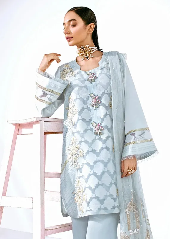 Saira Shakira Luxury Pret Ice Blue Jacquard – view 1 – Poshaq