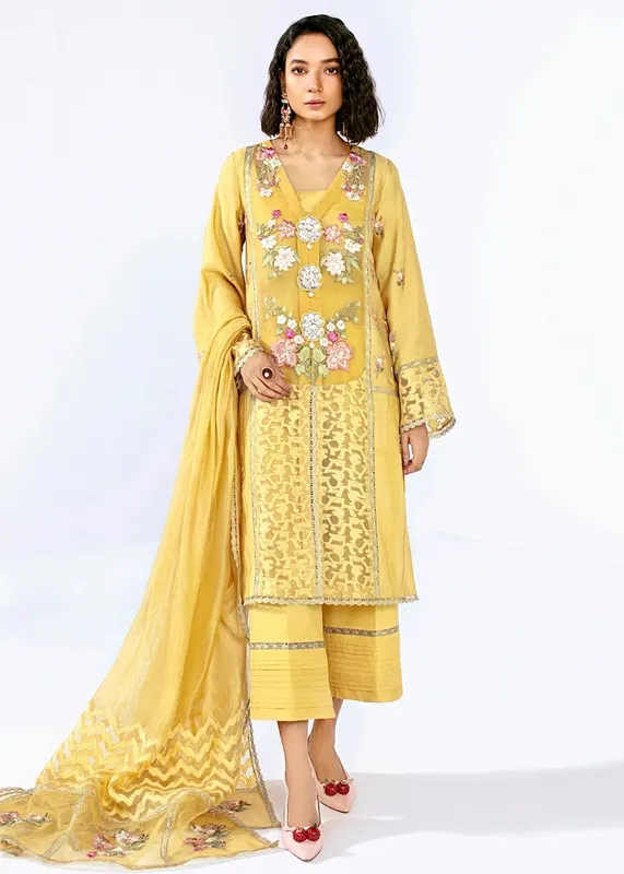Saira Shakira Luxury Pret Dust Yellow Jacquard – view 1 – Poshaq