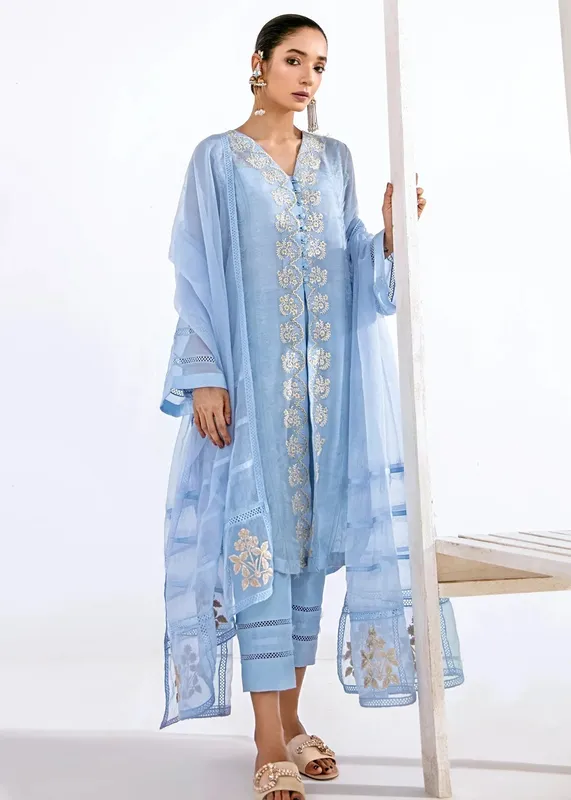 Saira Shakira Luxury Pret Ice Blue Organza – view 1 – Poshaq