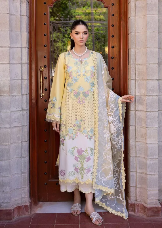 Saira Shakira Bloom Lawn 25 Lime Yellow Organza – view 1 – Poshaq