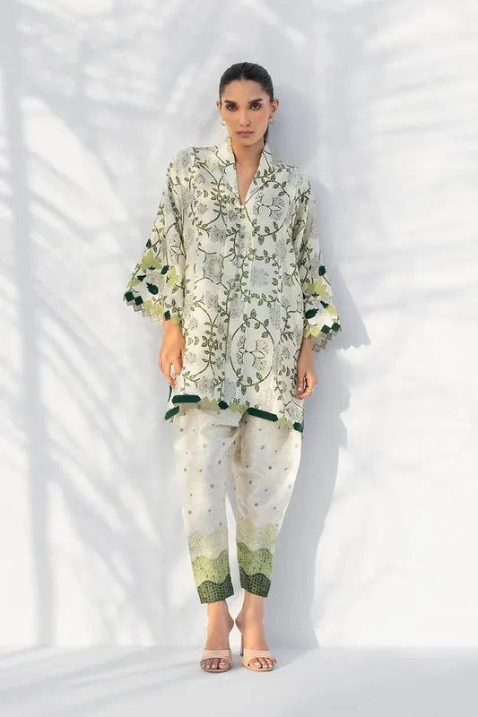 Green white Raw Silk formal dress with scalloped green borders – view 1 – Poshaq