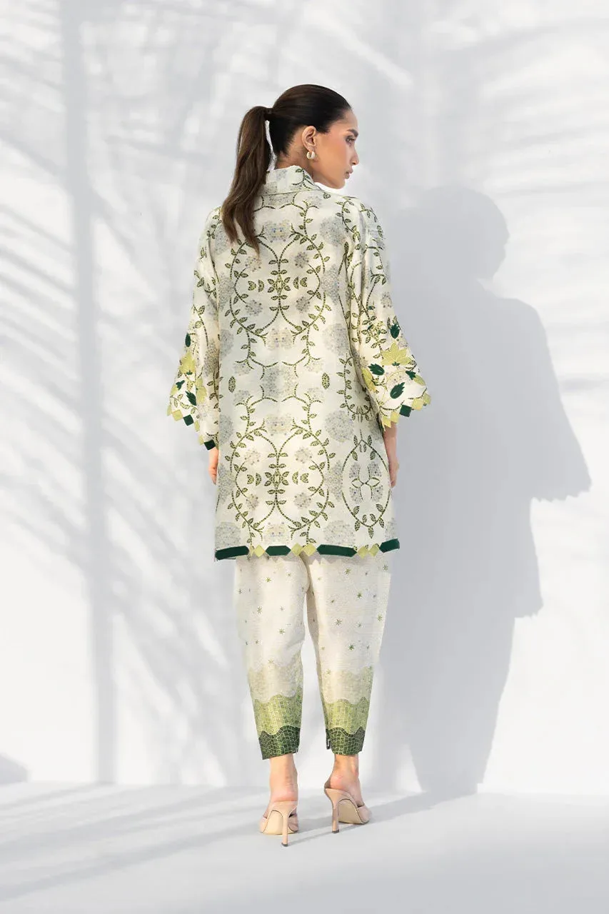 Green white Raw Silk formal dress with scalloped green borders – view 2 – Poshaq