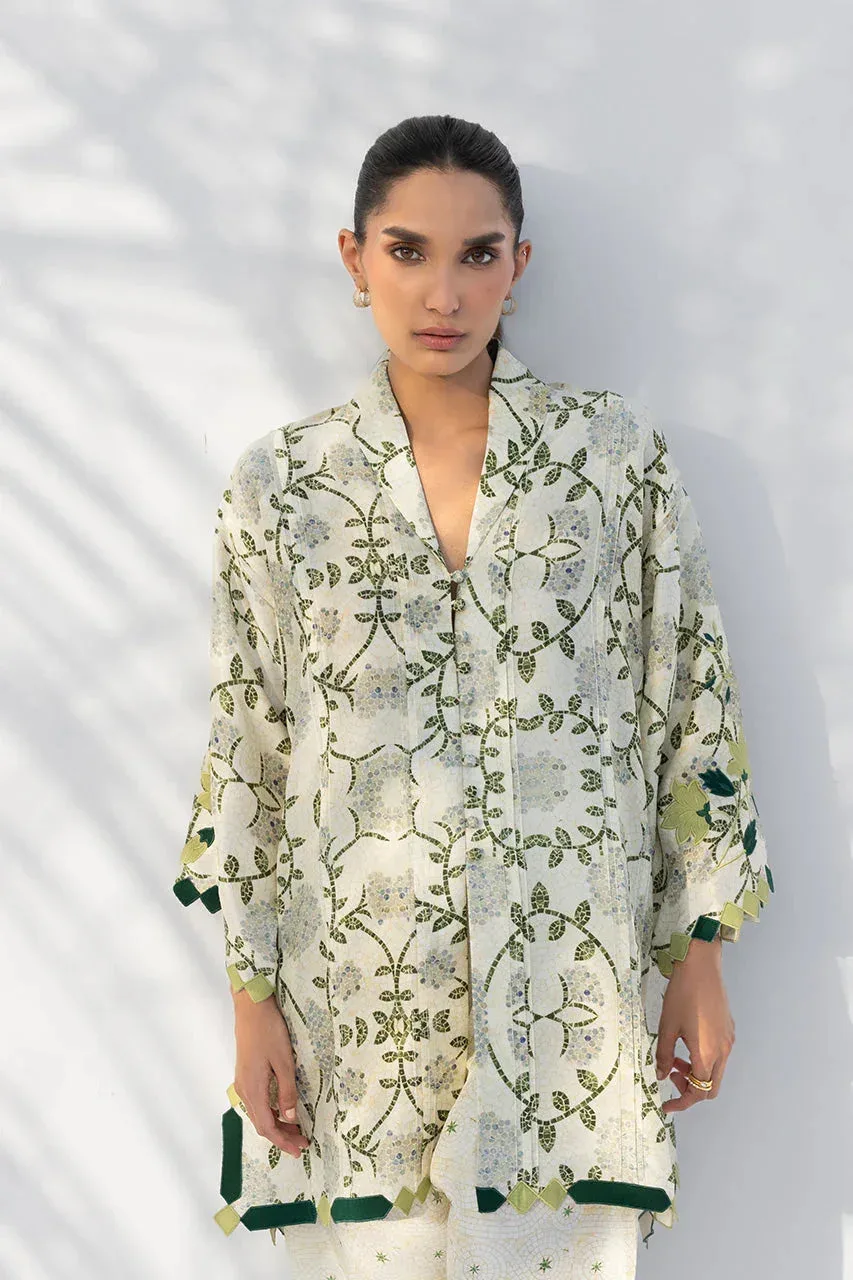 Green white Raw Silk formal dress with scalloped green borders – view 3 – Poshaq