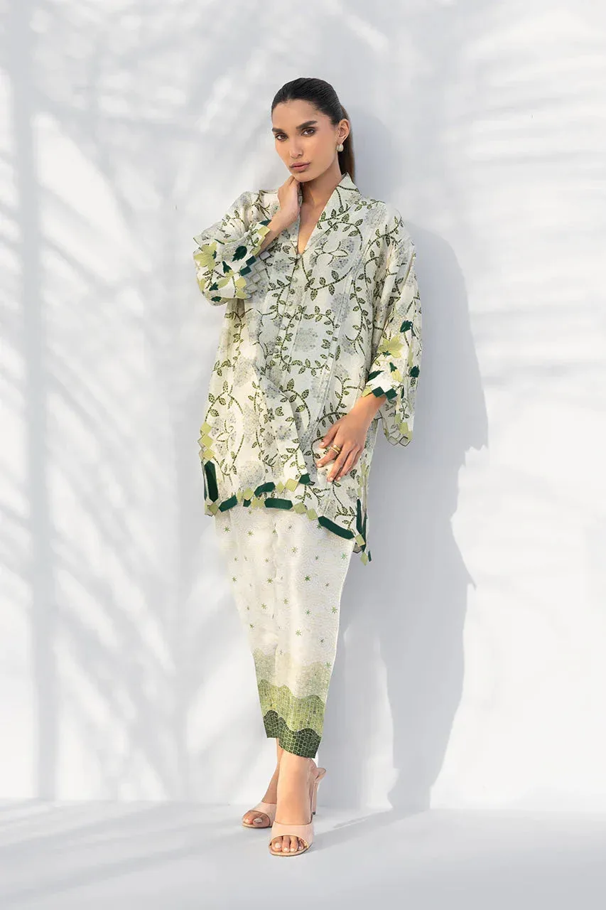 Green white Raw Silk formal dress with scalloped green borders – view 4 – Poshaq