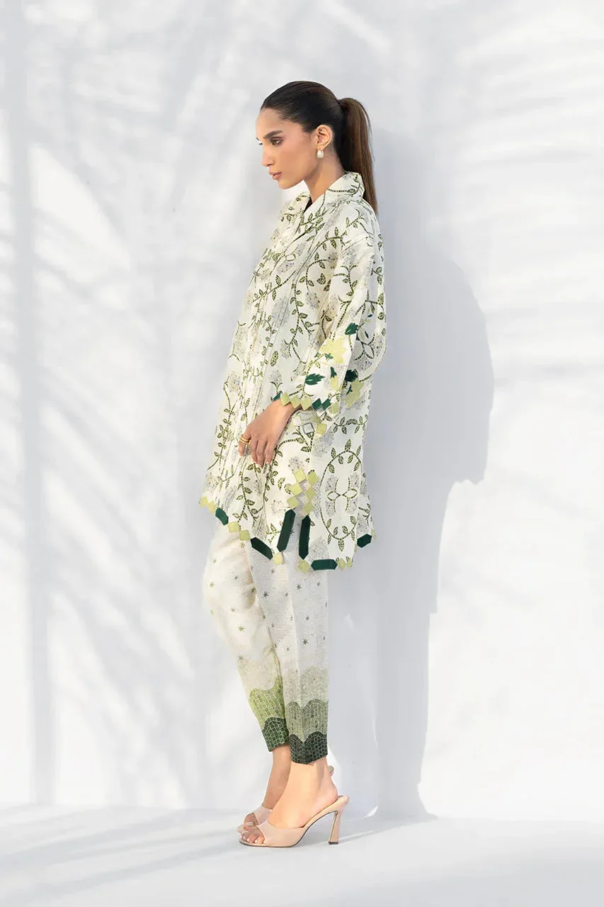 Green white Raw Silk formal dress with scalloped green borders – view 5 – Poshaq