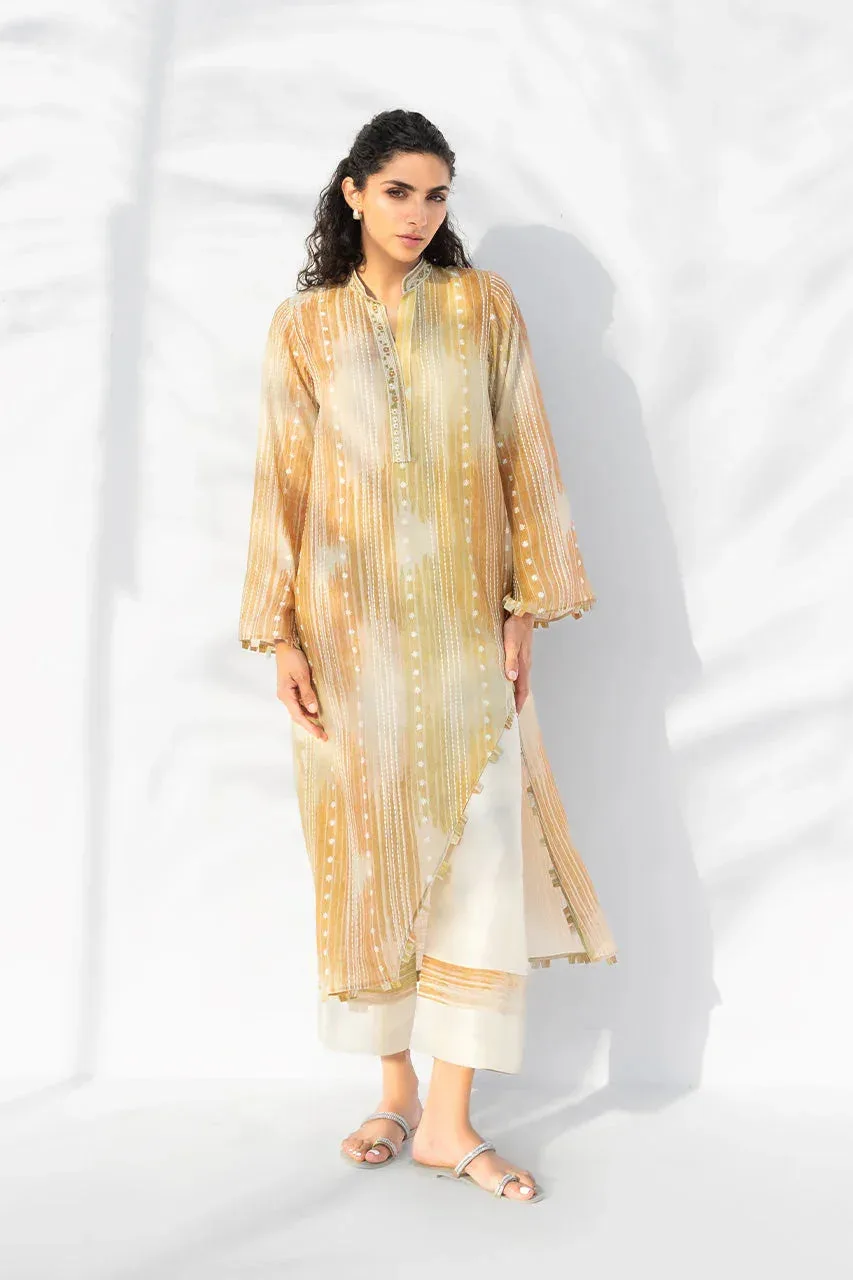 Pale yellow silk long shirt with subtle drape and refined tailoring – view 1 – Poshaq