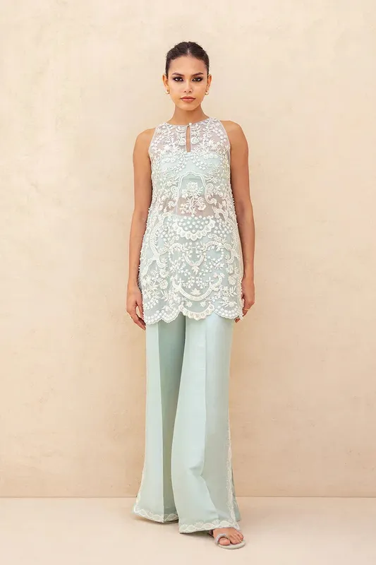 Sania Maskatiya Fall Festive Shimmer Ice Blue Raw Silk – view 1 – Poshaq