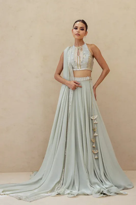 Sania Maskatiya Fall Festive Shimmer Ice Blue Georgette – view 1 – Poshaq