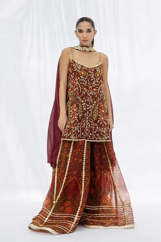Sania Maskatiya Fall Festive Glimmer Maroon Georgette – view 1 – Poshaq