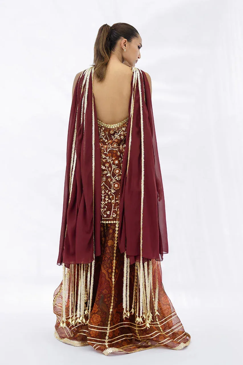Sania Maskatiya Fall Festive Glimmer Maroon Georgette – view 2 – Poshaq
