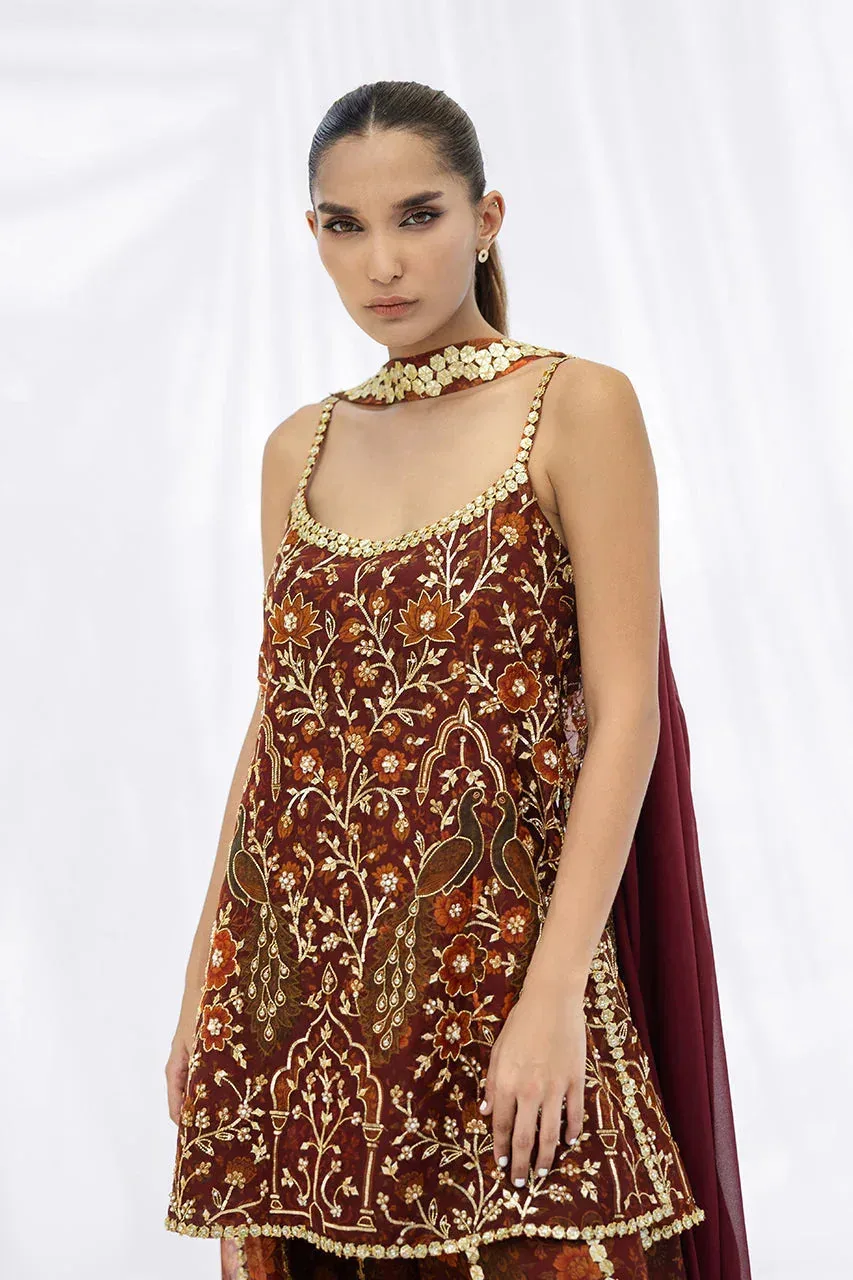 Sania Maskatiya Fall Festive Glimmer Maroon Georgette – view 3 – Poshaq
