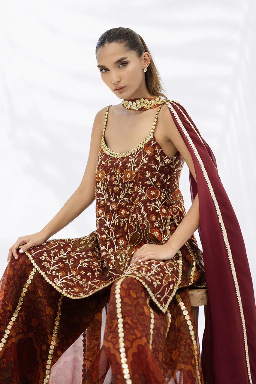 Sania Maskatiya Fall Festive Glimmer Maroon Georgette – view 7 – Poshaq