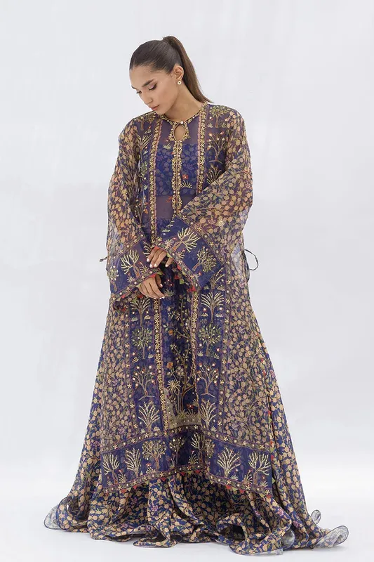 Sania Maskatiya Fall Festive Glimmer Dark Slate Blue Organza – view 1 – Poshaq