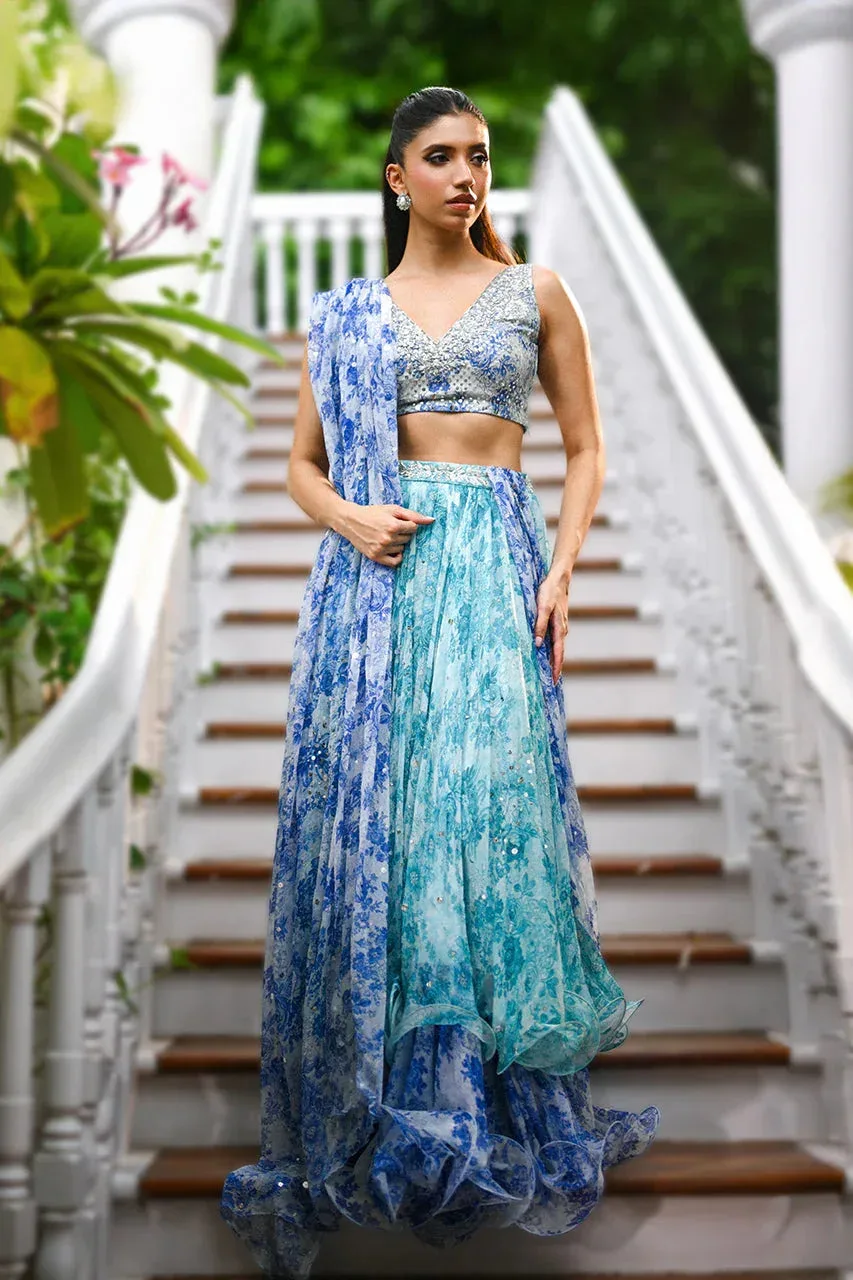 Sania Maskatiya Fall Festive Glimmer Light Teal Chiffon – view 1 – Poshaq