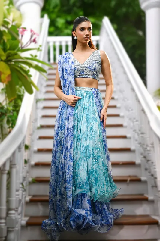 Sania Maskatiya Fall Festive Glimmer Light Teal Chiffon – view 1 – Poshaq