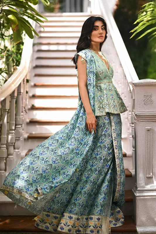 Sania Maskatiya Fall Festive Glimmer Aqua Blue Silk – view 1 – Poshaq