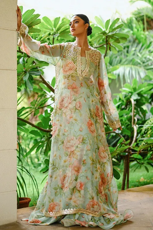 Sania Maskatiya Fall Festive Glimmer Ice Blue Organza – view 1 – Poshaq