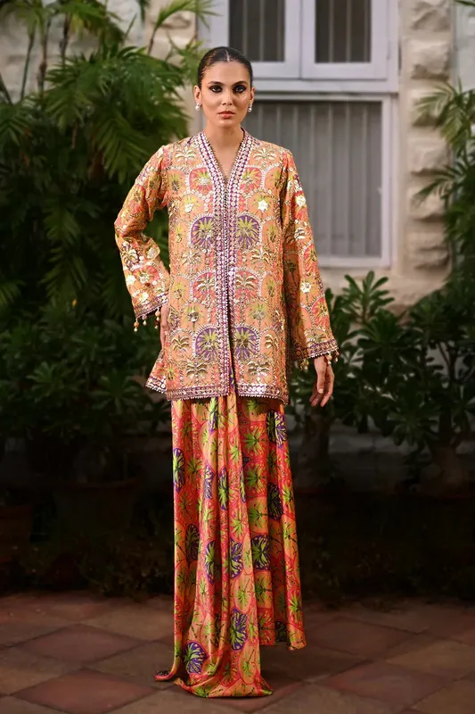 Sania Maskatiya Fall Festive Glimmer Orange Silk – view 1 – Poshaq