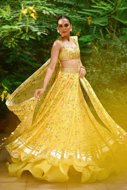 Sania Maskatiya Fall Festive Glimmer Yellow Georgette – view 1 – Poshaq