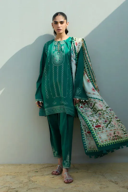 Sania Maskatiya Luxury Lawn 25 Teal Green Jacquard – view 1 – Poshaq