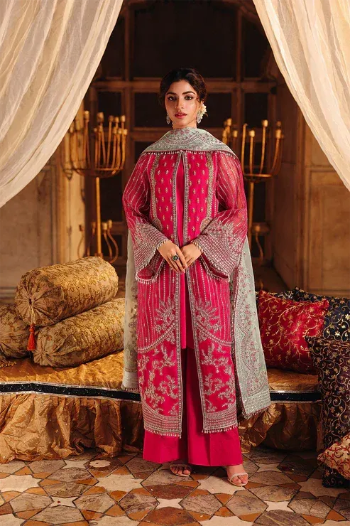 Saad Shaikh Silsila Formals 25 Hot Pink Raw Silk – view 1 – Poshaq